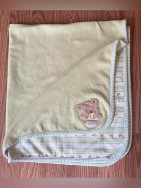 Carters Joy Is Baby Blanket Teddy Bear Green Gingham Trim Stripes 26 x 30